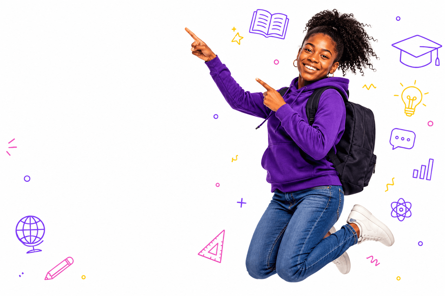 Student jumping with excitement, surrounded by learning icons